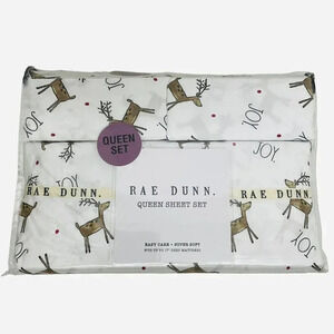 Rae Dunn by Enchante JOY Reindeer Christmas Holiday 4 Piece Queen Bedsheet Set